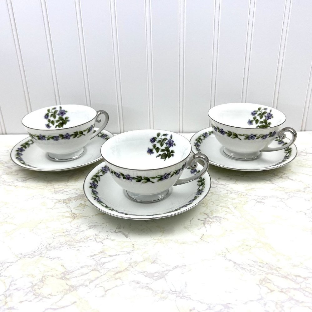 Vintage Jyoto Fine China Japan 3 Teacups & Saucers Glendale Violet - Picture 2 of 9
